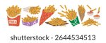 French fries set. Crispy potato chips, sticks in paper packages, cone wrapping, carton box, dip sauces, ketchup in cup bowls. Fast food, snack. Flat vector illustration isolated on white background