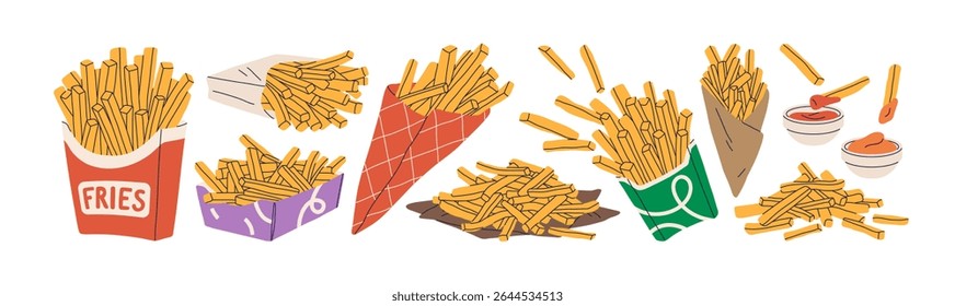 Batatas fritas. Batatas fritas crocantes, varas em embalagens de papel, embalagem de cone, caixa de papelão, molhos mergulhador, ketchup em tigelas de copo. Fast food, lanche. Ilustração de vetor plano isolada no plano de fundo branco