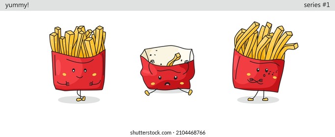 French fries. Set of cute kawaii characters. Funny cartoon fast food icons in different situations. Vector comic style graphics