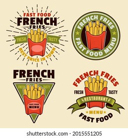 Papas fritas de cuatro emblemas vectoriales coloridos, insignias, etiquetas, pegatinas o logos en forma de caricatura sobre fondo claro