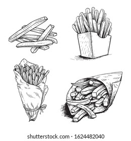 French fries set. Hand drawn sketch style illustrations of street fast food. Bunch of fries, paper box and potatoes in craft paper. Best for packages and restaurant menu. Vector illustration.