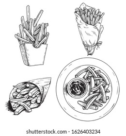 French fries set  Hand drawn sketch style illustrations fast food  French fries in paper box  in craft paper cone   plate  top view  Best for packages   restaurant menu  Vector illustration 
