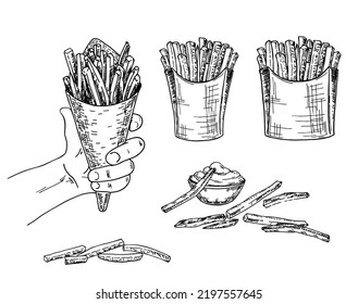 Pommes frites. Handgezeichnete Illustrationen von Fast Food. Französische Pommes frites in Papierkisten, in handwerklichem Papierkegel einzeln auf Vektorgrafik. Bestens für Pakete und Speisekarte. Vektorgrafik.