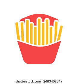 French fries set icon. Potato sticks, fried, crispy, fast food, snack, side dish, red container, salted, golden.