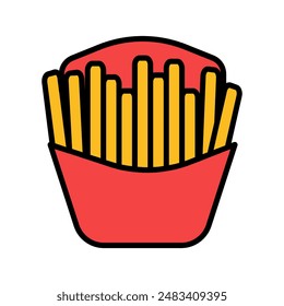 French fries set icon. Potato sticks, fried, crispy, fast food, snack, side dish, red container, salted, golden.