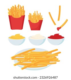 French fries set. Potato sticks in paper packaging, ketchup, mayo, mustard sauces isolated on white. Vector illustration for fast food snack, street food concept