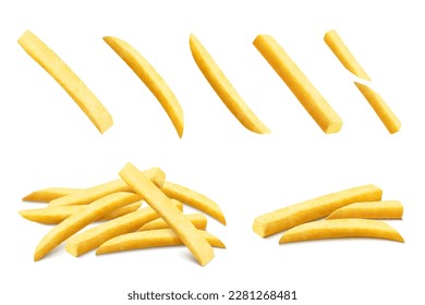 French fries set. Roasted potato chips in deep fat fry oil potatoes. Yellow sticks, isolated on white background. Fast Food. Unhealthy tasty food. Horizontal banner. Realistic 3d vector illustration.