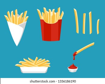 French fries set with tomato sauce. Flat cartoon vector illustration isolated on EPS10.