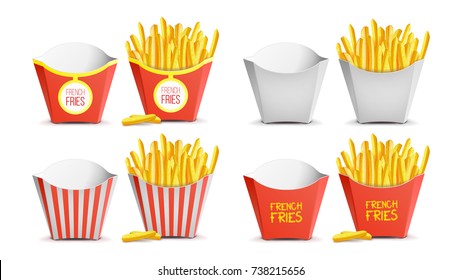 French Fries Set Vector. Classic Paper Bag. Tasty Fast Food Potato.  Fast Food Icons Potato. Empty And Full. Isolated Illustration