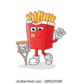 French fries sick with limping stick character. cartoon mascot vector