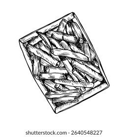 French fries sketch drawing illustration, fast food hand-drawn vector clipart. Potato chips, fried slices in engraving style