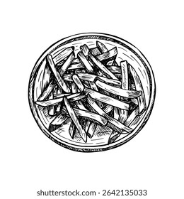 French fries sketch drawing illustration, Potato chips, fried slices, fast food hand-drawn vector clipart in engraving style