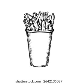 French fries sketch drawing illustration. Potato chips, fried slices outline drawing in engraving style, fast food hand-drawn vector clipart