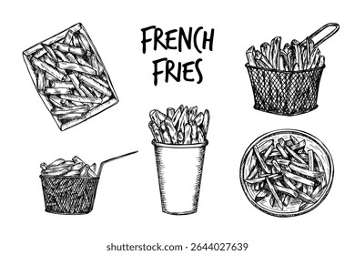 French fries sketch drawing illustration collection. Potato chips, fried slices outline drawing in engraving style, fast food hand-drawn vector clipart