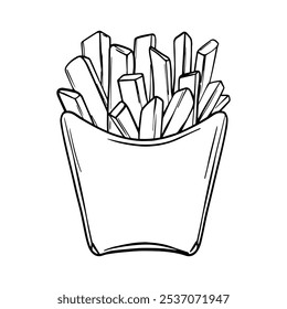 Esboço de batatas fritas. Batatas fritas desenhadas à mão pintadas com tintas pretas. Desenho de menu fast food de rua em estilo de arte de linha. Ícone de contorno da ilustração do Food Vetor. Decoração para menus, vitrines