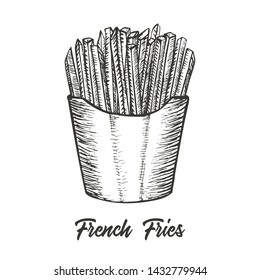 French Fries Sketch Vector Illustration. Fast Food Hand Drawn Icon. American Junk Food Background. Fried Potatoes in Paper Box Traditional Meal. 