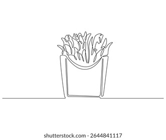 French fries slice continuous line. Continuous one line drawing of french fries. American, fast food concept. Single line drawing