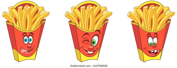 French Fries. Snack Food concept. Emoji Emoticon collection. Cartoon characters for kids coloring book, colouring pages, t-shirt print, icon, logo, label, patch, sticker.