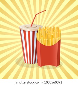 French fries and soda cup - cute cartoon colored picture. Graphic design elements for menu, poster, brochure. Vector illustration of fast food for bistro, snackbar, cafe or restaurant