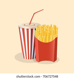 French fries and soda cup - cute cartoon colored picture. Graphic design elements for menu, poster, brochure. Vector illustration of fast food for bistro, snackbar, cafe or restaurant