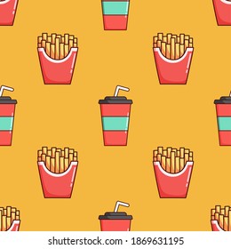 french fries with soda cup drawing in seamless pattern