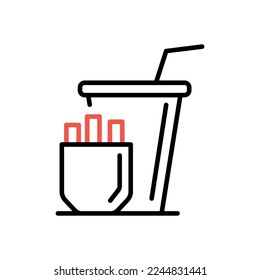 Las patatas fritas y la soda beben un icono vector. signo plano relleno para concepto móvil y diseño web. Un simple icono sólido de comida rápida. Símbolo, ilustración de logotipo