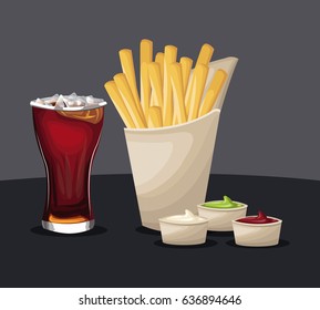 french fries and soda with ketchup mustard fast food eating concept