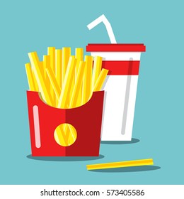 French Fries with Soda. Vector Flat Design Food and Drink Cartoon.