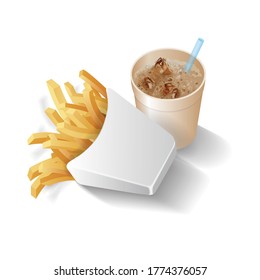 French fries and Soft drink. Roasted potato chips. Vector illustration. French fries in White paper box. Fast food icons. Junk food