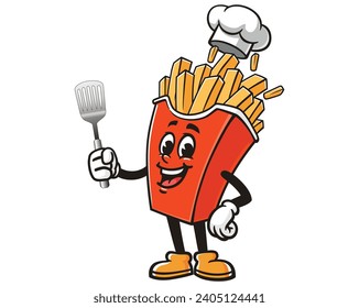 French fries with a spatula and wearing a chef's hat cartoon mascot illustration character vector clip art