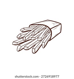Patatas fritas derramadas de un paquete que se encuentra de lado. Ilustración vectorial en un estilo de arte de línea. Líneas negras y marrones, una Imagen simple y sin color, aislada sobre un fondo blanco. Adecuado para menús, empaques, logotipos, comida rápida, restaurantes, cafeterías, proyectos culinarios y Elementos decorativos.