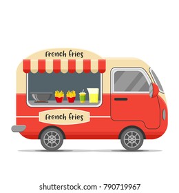 French fries street food caravan trailer. Colorful vector illustration, cute style, isolated on white background