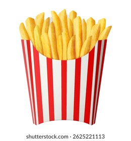 French fries in striped red and white paper french fry box isolated on a white background. Delicious French potato fast food pack box. Realistic 3d vector illustration.