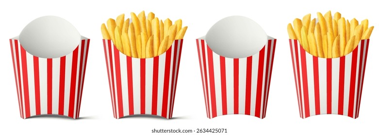 French fries in striped red and white paper french fry boxes isolated on a white background. Delicious French potato fast food pack boxes. Empty And Full. Realistic 3d vector illustration.