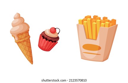 French Fries and Sweet Ice Cream in Waffle Cone as Fast Food Vector Set