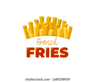 French fries tasty fast street food in paper carton package box with lettering inscription advertising poster design. Vector eps flat potato fry restaurant banner or promoional flyer template