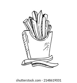 French fries thin black lines on white background - Vector illustration