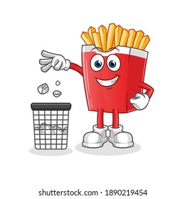 Patatas fritas tiran basura a la basura en un bote de basura. vector de dibujos animados