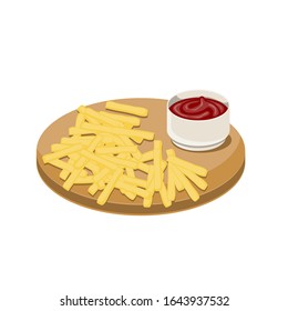 French fries and tomato sauce in a ceramic Cup on a wooden tray and an isolated white background. Vector image eps 10