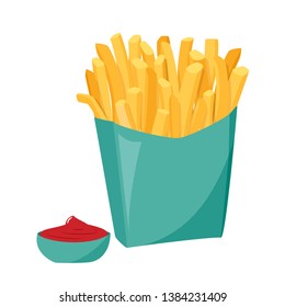 French fries with tomato sauce isolated on white background. Vector realistic illustration.