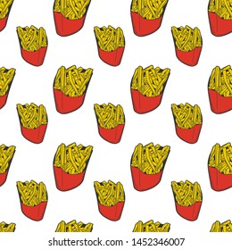 French fries. Vector concept in doodle and sketch style. Hand drawn illustration for printing on T-shirts, postcards. Seamless pattern for textile, paper wrap.