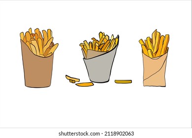 French fries vector hand drawing illustration isolated on white background, french fries potatoes vector illustration 