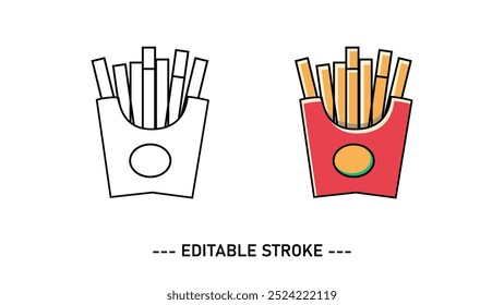 French fries vector icons isolated on white background editable strokes. French fries fast food in box, potato fries pack box.