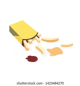 French fries. Vector illustration, flat design. French fries in paper box, isolated vector set of fast food icons potato