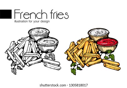French fries vector illustration set. Dipping sauce: ketchup, mayonnaise.