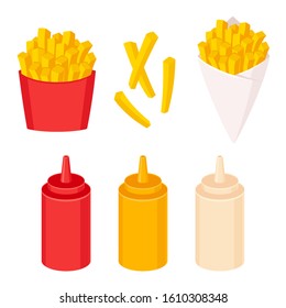 French fries vector illustration set. Potato fries in fast food box and paper cone with sauce squirt bottles: ketchup, mayonnaise and mustard.