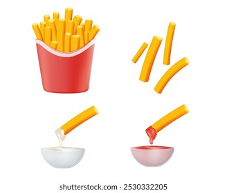 French fries vector illustration set in realistic 3D style. Potato fries in fast food box, french fries with dipping. Dipping sauce ketchup, mayonnaise 3D icons in modern style