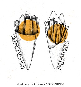 French fries vector illustrations. Hand drawn sketch of fried potatoes and chicken in vintage style.