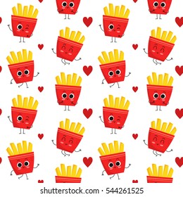 French Fries, Vector Seamless Pattern With Cute Fast Food Characters Isolated On White With Hearts