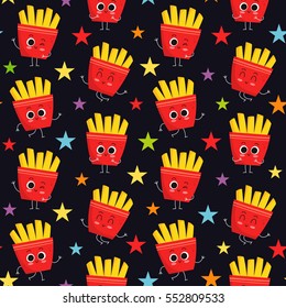 French fries, vector seamless pattern with cute fast food characters on dark background with colorful stars